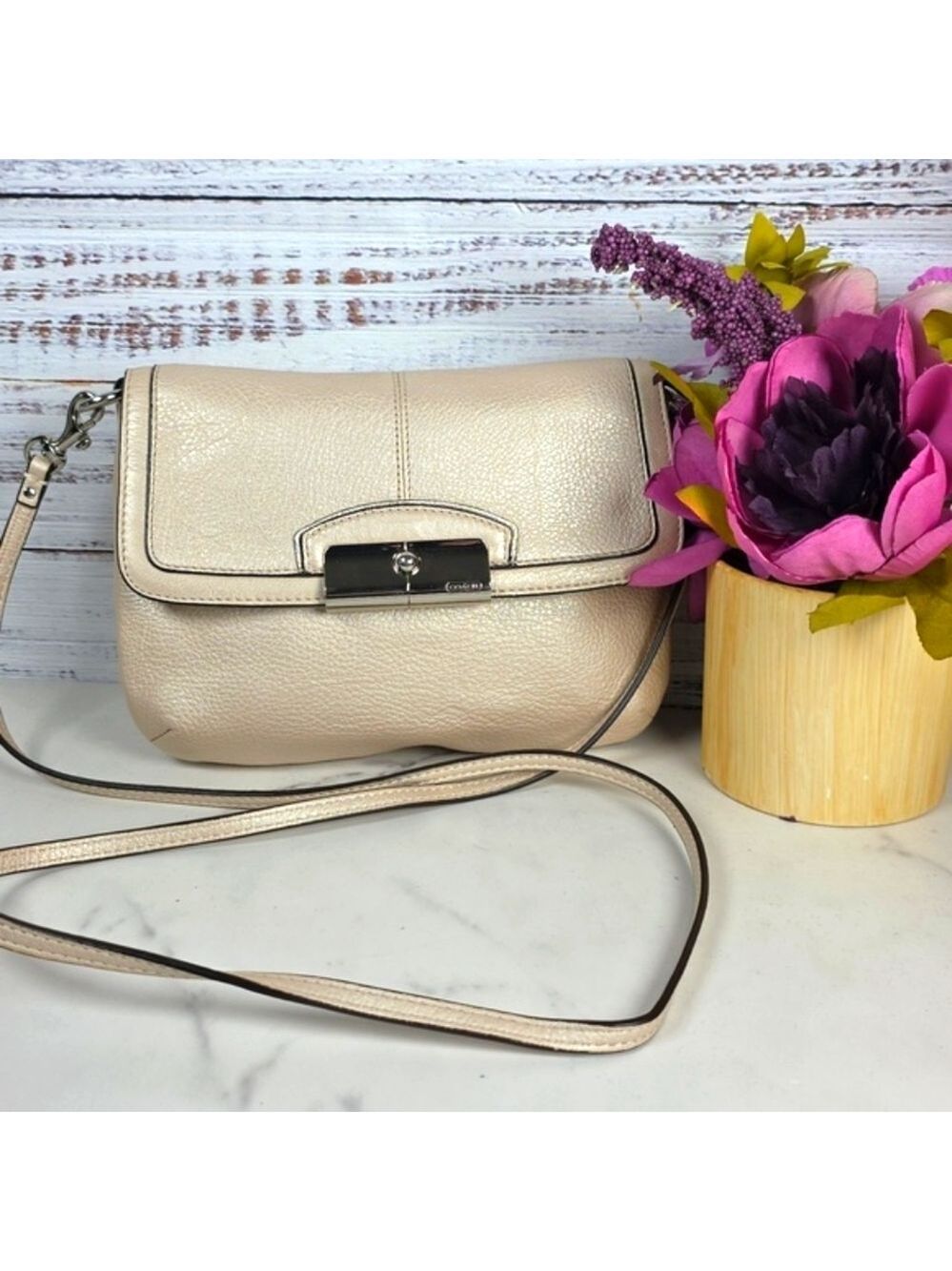 COACH KRISTIN METALLIC‎ CHAMPAGNE SILVER LEATHER FLAP CROSSBODY SMALL BAG PURSE